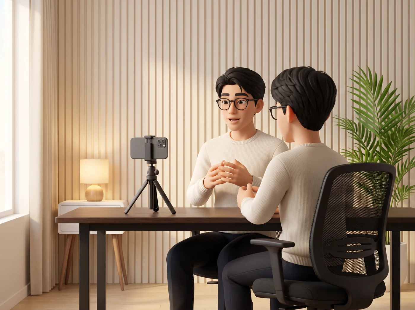 An AI-generated illustration showing the same man twice in one room — one facing the camera, one seen from behind